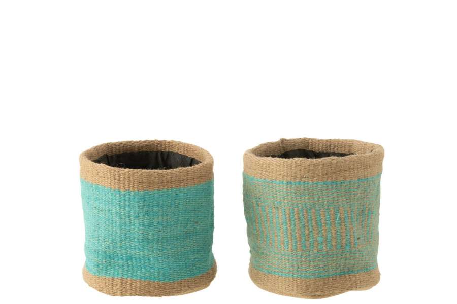 BASKET ROUND+BAND JUTE NATURAL/AZURE MEDIUM ASSORTMENT OF 2