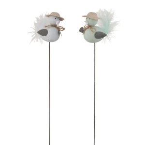 BIRD ON STICK WOOD/METAL BLUE/AZURE ASSORTMENT OF 2