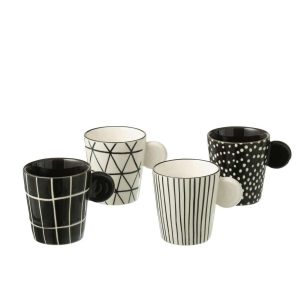 BOX OF 4 COFFEE CUPS EAR CERAMICS BLACK/WHITE