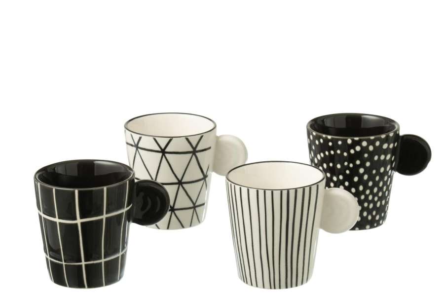 BOX OF 4 COFFEE CUPS EAR CERAMICS BLACK/WHITE