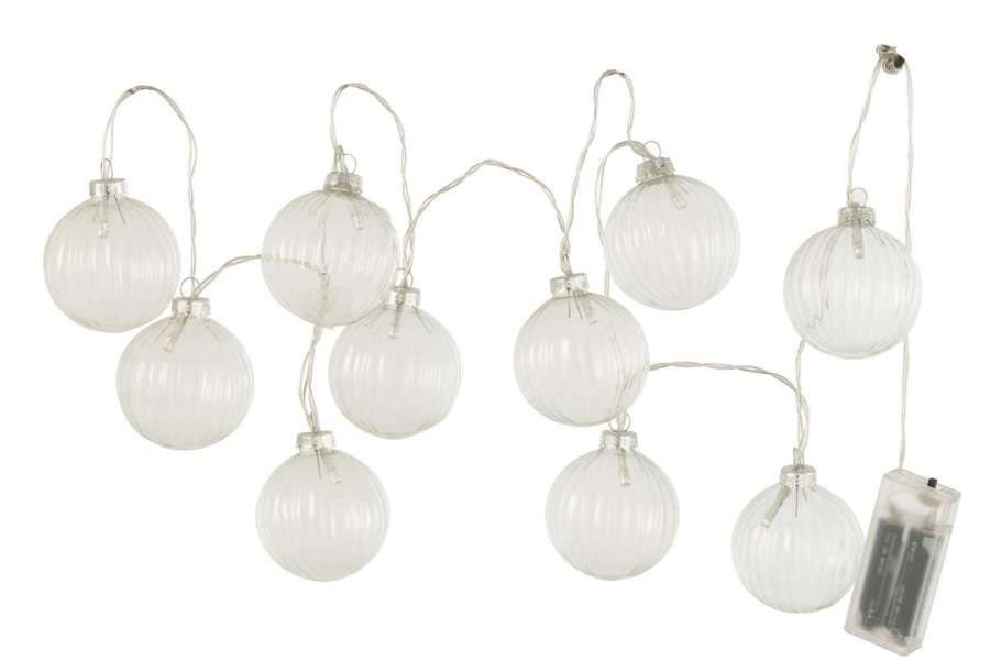 GARLAND 10 BALLS+LED GLASS RIBBED TRANSPARENT