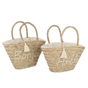 BEACH BAG BONJOUR/HELLO TASSEL JUTE NATURAL/WHITE ASSORTMENT OF 2