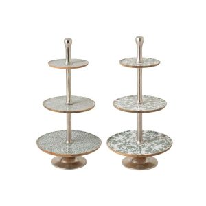 SET OF 2 SERVING STAND 3 LEVELS MANGO WOOD GREEN/WHITE