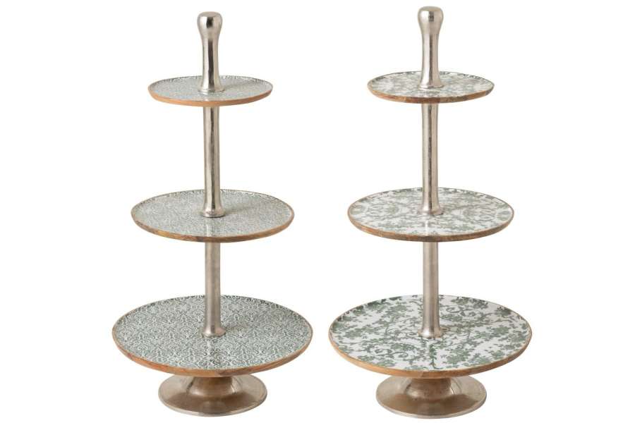 SET OF 2 SERVING STAND 3 LEVELS MANGO WOOD GREEN/WHITE