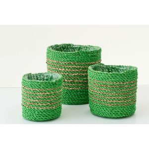 SET OF 3 FLOWERPOT STRIPED RAFFIA GREEN/NATURAL