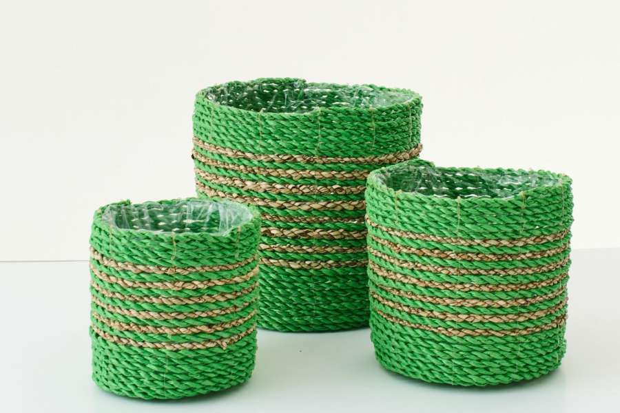 SET OF 3 FLOWERPOT STRIPED RAFFIA GREEN/NATURAL