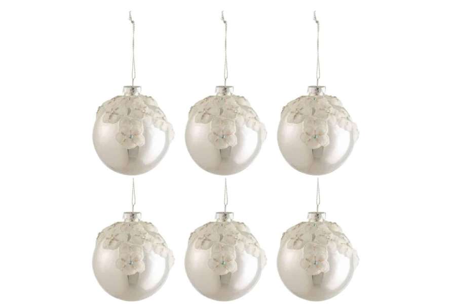 BOX OF 6 CHRISTMAS BAUBLES FLOWERS GLASS SHINY SILVER SMALL