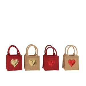 BAG HEART SEQUIN JUTE NATURAL/RED ASSORTMENT OF 4