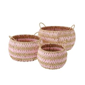 SET OF 3 BASKET WITH HANDLES STRIPED RUSH NATURAL/LIGHT PINK
