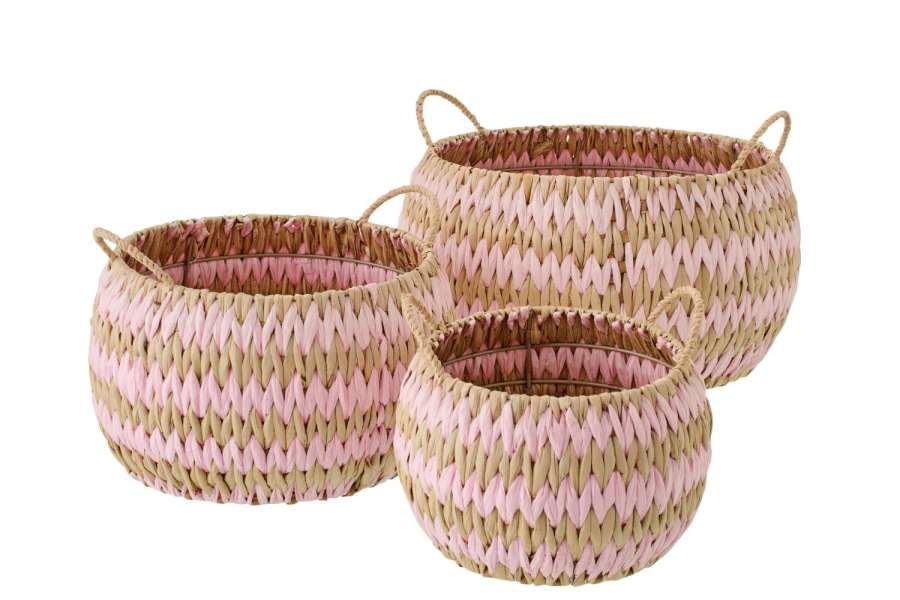 SET OF 3 BASKET WITH HANDLES STRIPED RUSH NATURAL/LIGHT PINK