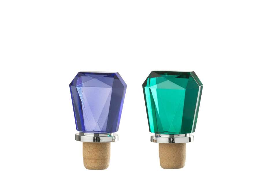 BOTTLE STOPPER GEOMETRIC GLASS BLUE/DARK GREEN ASSORTMENT OF 2