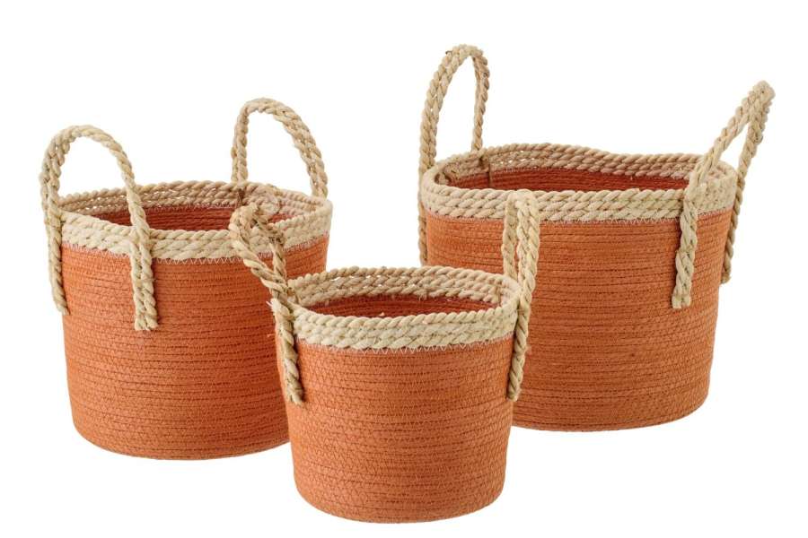 SET OF 3 BASKET WITH HANDLES PAPER DARK ORANGE/NATURAL