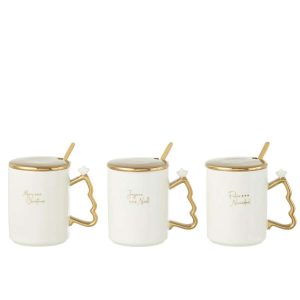 MUG+SPOON XMAS CERAMIC WHITE/GOLD ASSORTMENT OF 3