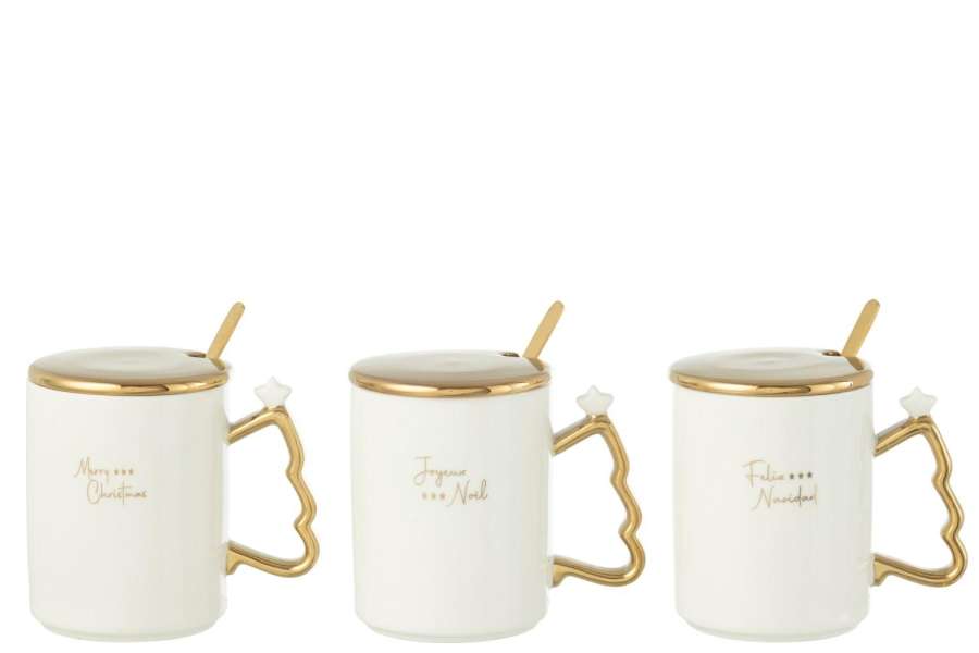 MUG+SPOON XMAS CERAMIC WHITE/GOLD ASSORTMENT OF 3