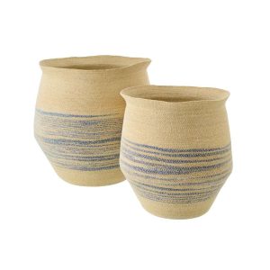 SET OF 2 BASKET STRIPED SEAGRASS NATURAL/BLUE