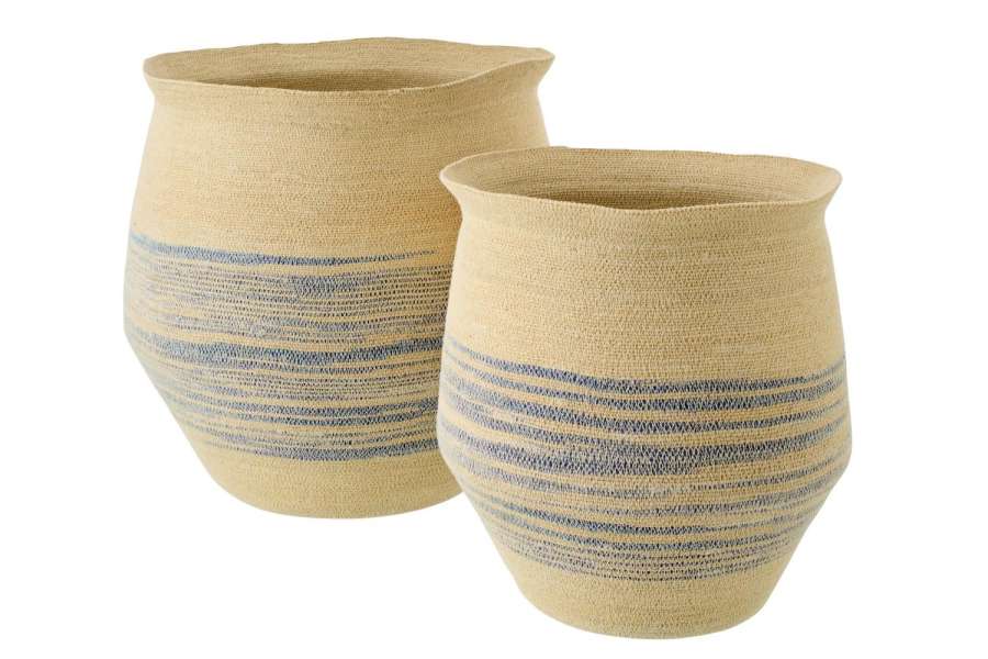 SET OF 2 BASKET STRIPED SEAGRASS NATURAL/BLUE