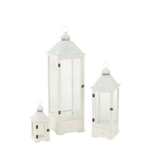 SET OF 3 LANTERNS TOWERS FIR WOOD/METAL WHITE