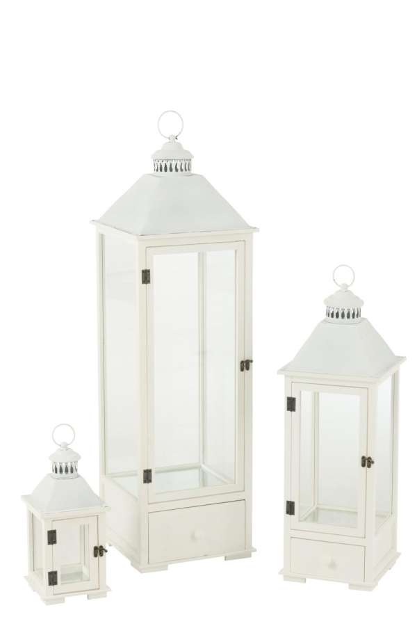 SET OF 3 LANTERNS TOWERS FIR WOOD/METAL WHITE