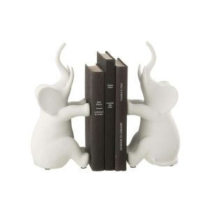 SET OF 2 BOOKEND ELEPHANT SITTING POLYRESIN WHITE
