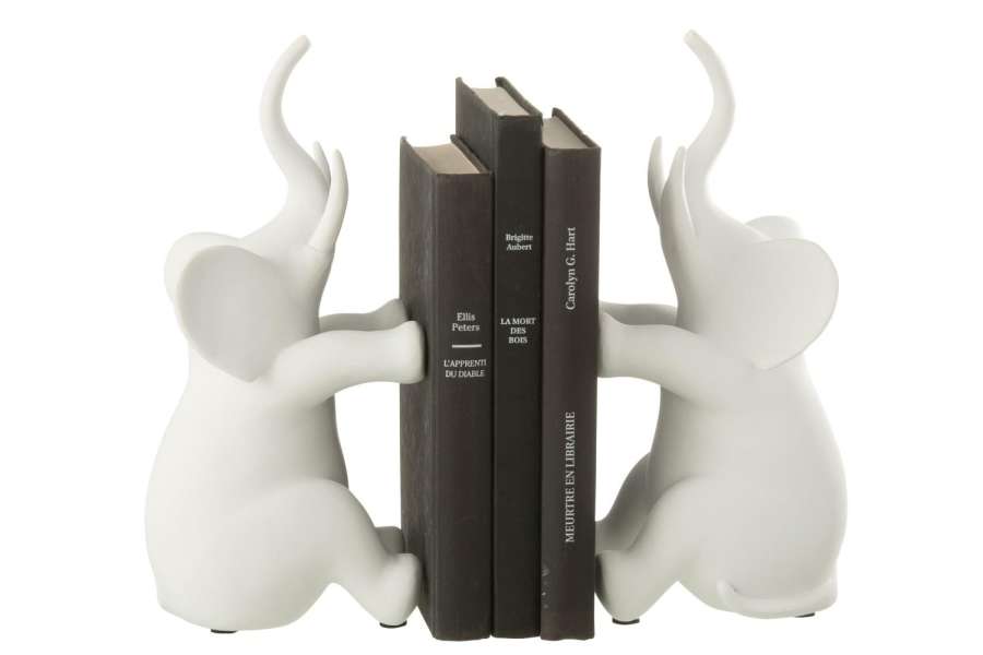 SET OF 2 BOOKEND ELEPHANT SITTING POLYRESIN WHITE