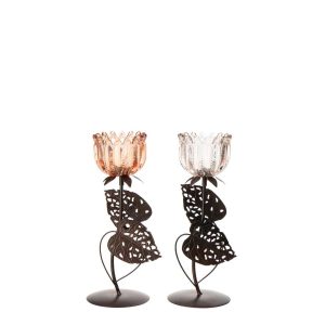 TEALIGHT HOLDER FLOWER IRON LIGHT PINK/ORANGE MEDIUM ASSORTMENT OF 2