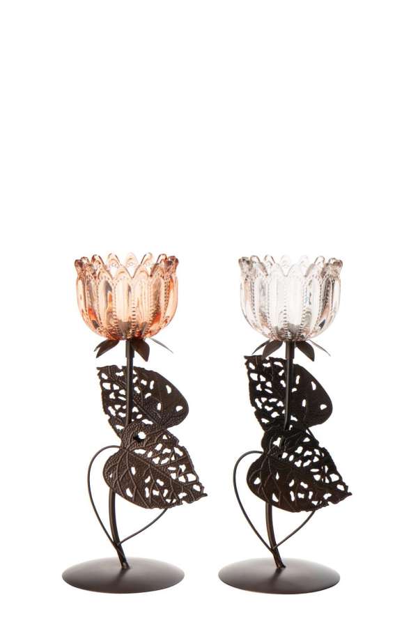 TEALIGHT HOLDER FLOWER IRON LIGHT PINK/ORANGE MEDIUM ASSORTMENT OF 2