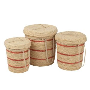 SET OF 3 BASKET STRIPES+LID CORN HUSK NATURAL/RED