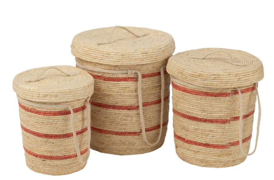 SET OF 3 BASKET STRIPES+LID CORN HUSK NATURAL/RED