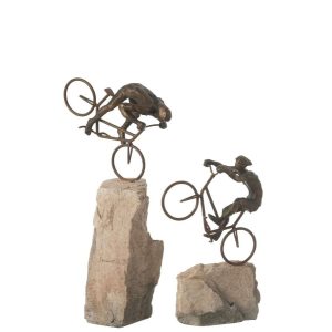 SET OF 2 CYCLIST ON ROCK RESIN BEIGE/BLACK