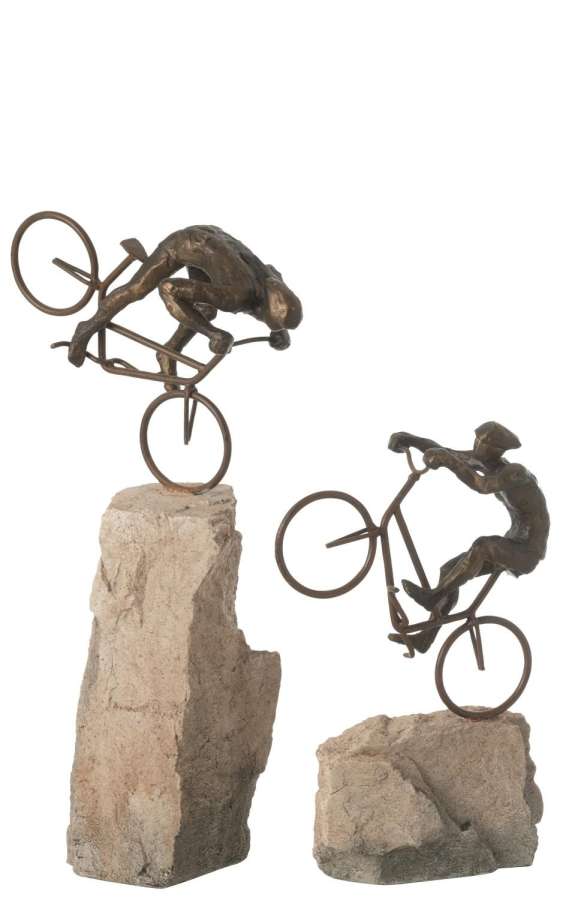 SET OF 2 CYCLIST ON ROCK RESIN BEIGE/BLACK