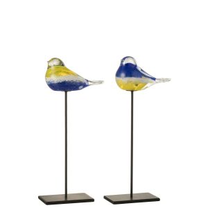 BIRD ON FOOT GLASS/METAL BLUE/YELLOW LARGE ASSORTMENT OF 2