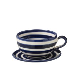 CUP+PLATE GRANADA STRIPES CERAMIC WHITE/COBALTO BLUE