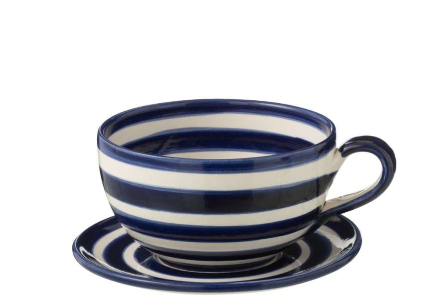 CUP+PLATE GRANADA STRIPES CERAMIC WHITE/COBALTO BLUE