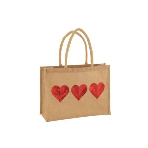 BAG 3 HEARTS SEQUIN JUTE NATURAL/RED
