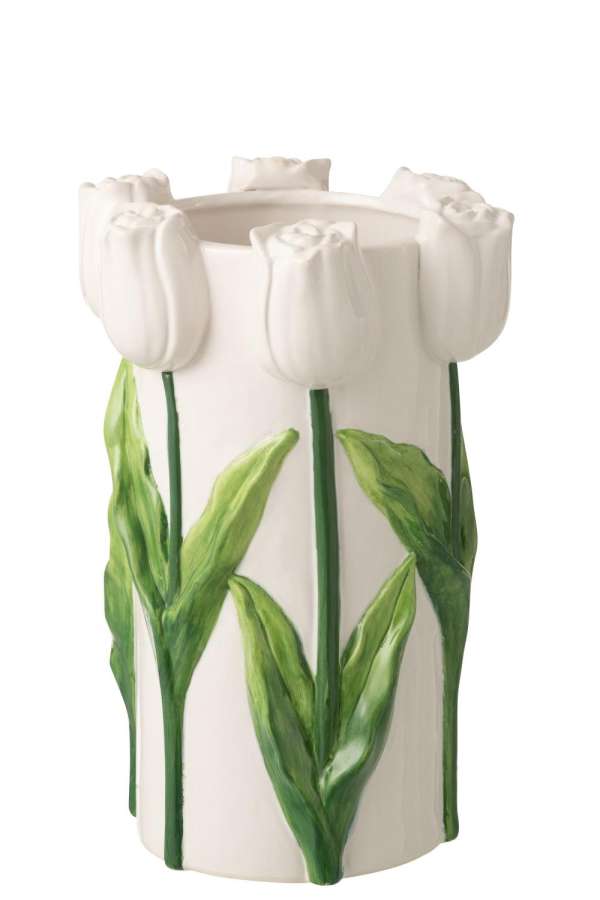 VASE TULIP CERAMIC WHITE/GREEN LARGE