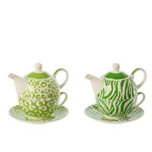 TEAPOT LEOPARD + ZEBRA PORCELAIN GREEN/WHITE ASSORTMENT OF 2