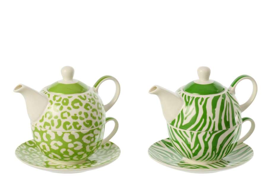TEAPOT LEOPARD + ZEBRA PORCELAIN GREEN/WHITE ASSORTMENT OF 2