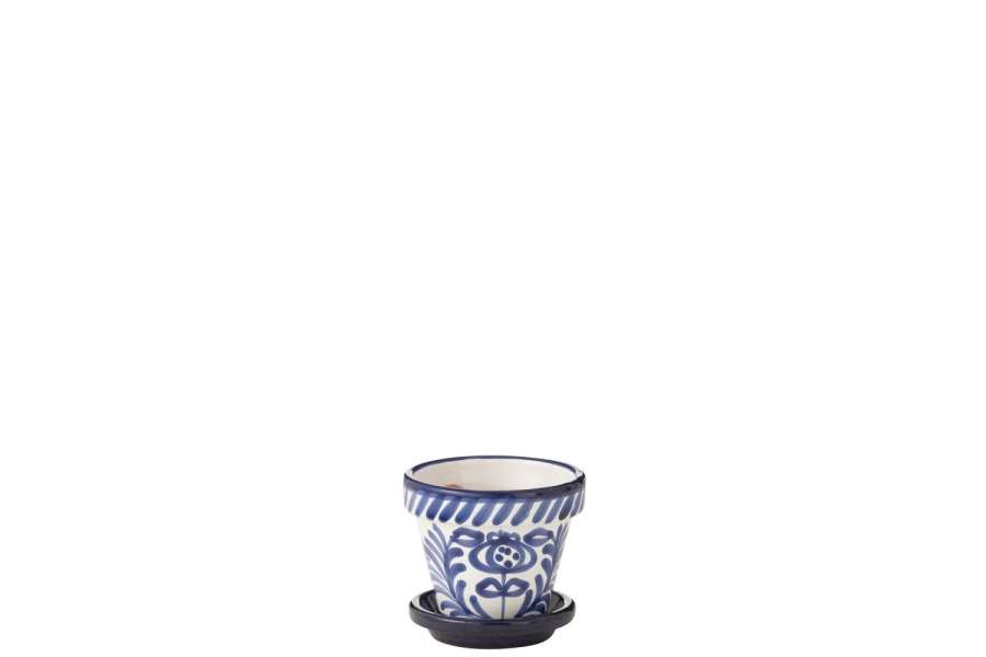 FLOWERPOT+PLATE GRANADA HANDMADE/HANDPAINTED CERAMIC COBALTO BLUE/WHITE EXTRA SMALL