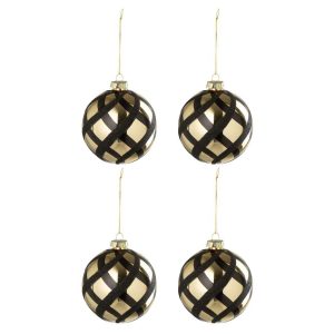 BOX OF 4 CHRISTMAS BAUBLE CHECKERED GLASS GOLD COLORED/BLACK