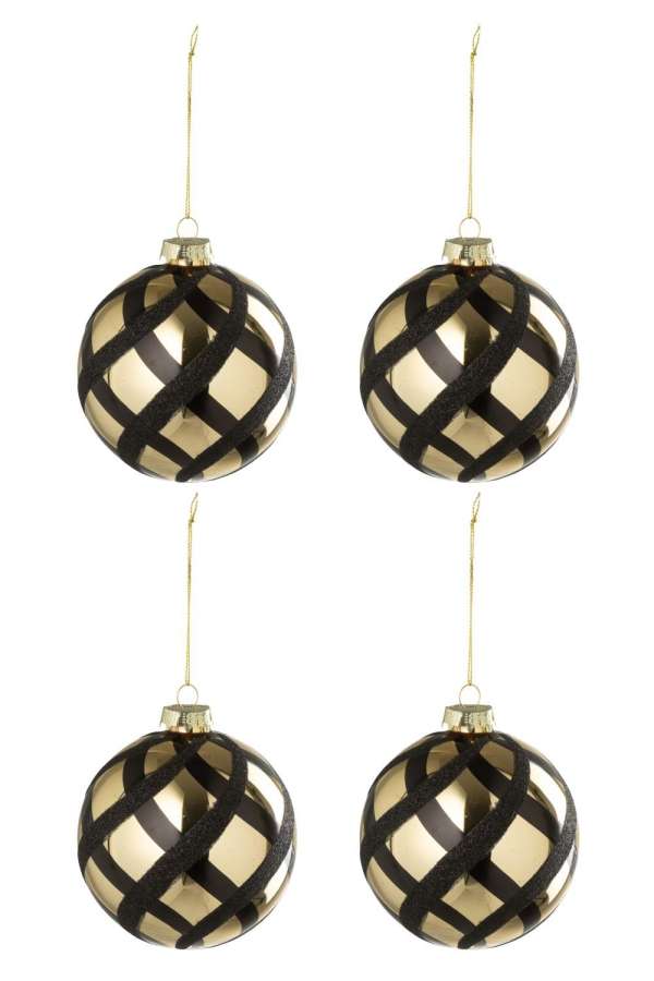 BOX OF 4 CHRISTMAS BAUBLE CHECKERED GLASS GOLD COLORED/BLACK