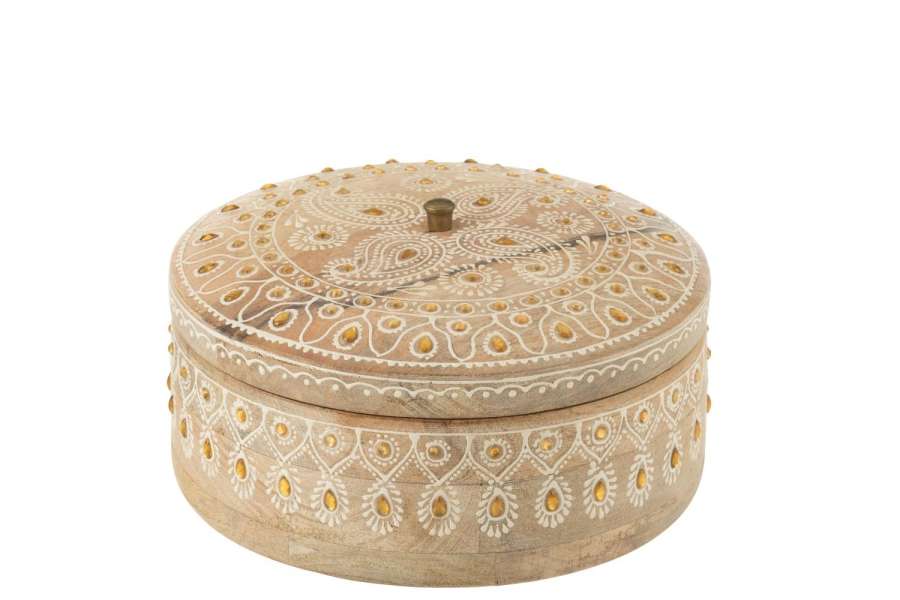 BOX + LID BEADS ROUND MANGO WOOD NATURAL/WHITE LARGE