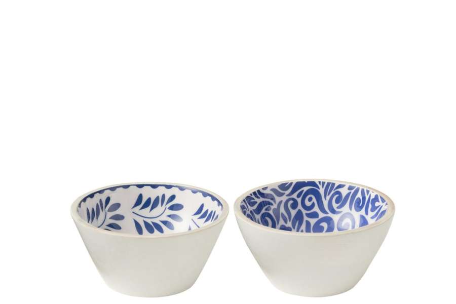 BOWL FLORAL PATTERN MANGO WOOD BLUE/WHITE MEDIUM ASSORTMENT OF 2