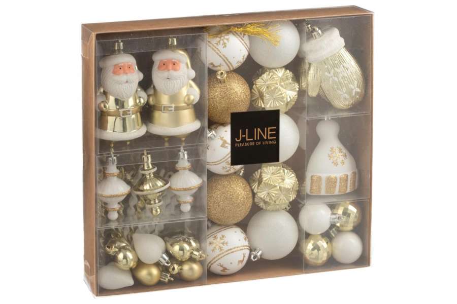 BOX OF 45 CHRISTMAS BAUBLE PLASTIC WHITE/GOLD COLORED