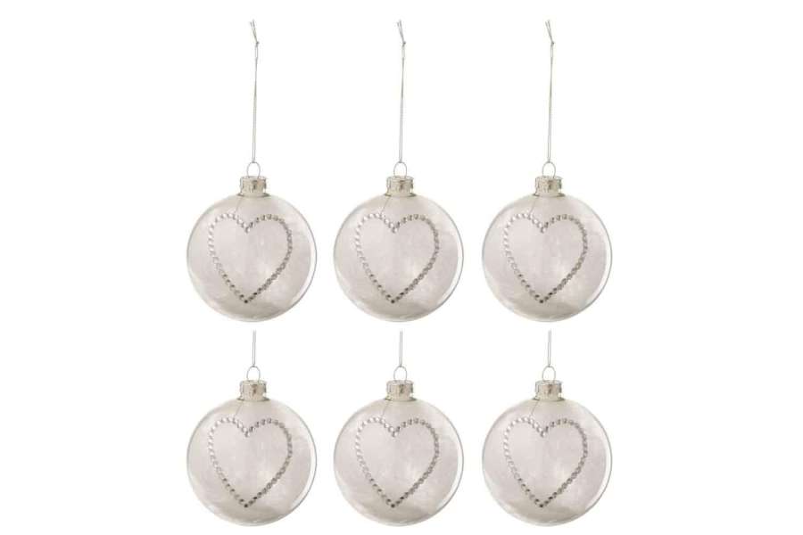 BOX OF 6 CHRISTMAS BAUBLES HEART STRASS SILVER FEATHER WHITE GLASS CLEAR SMALL