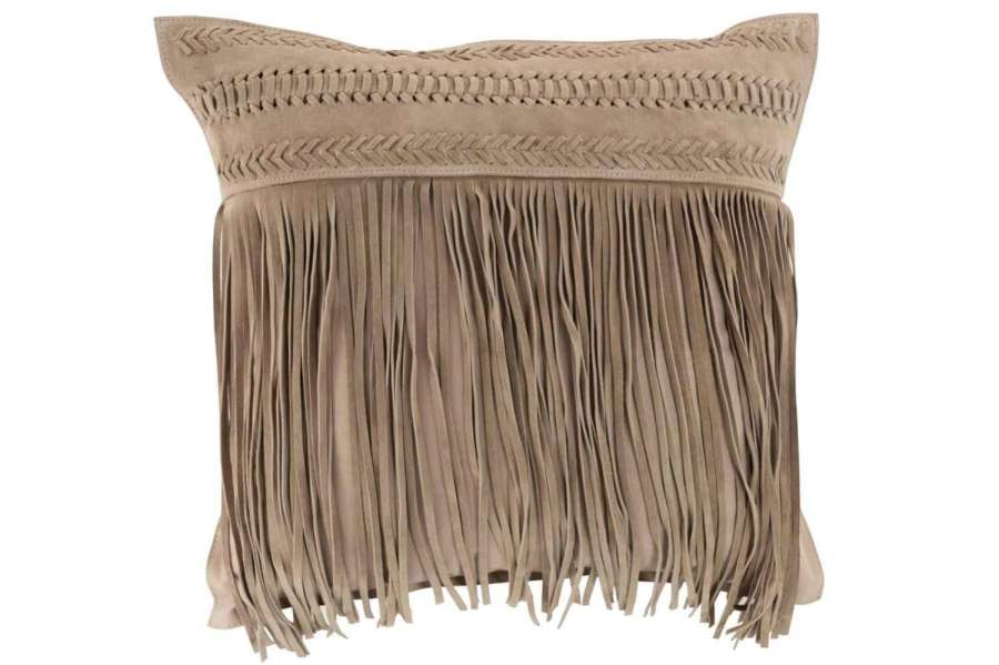 CUSHION TASSELS SQUARE LEATHER LIGHT GREY