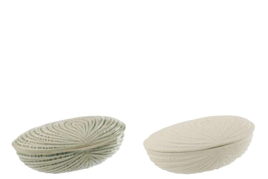 BOX SHELL STONEWARE WHITE/OLIVE ASSORTMENT OF 2
