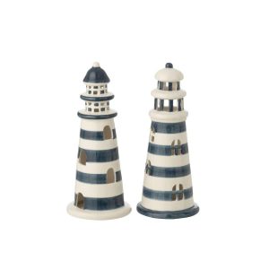 LIGHTHOUSE LED STRIPED PORCELAIN WHITE/BLUE LARGE ASSORTMENT OF 2