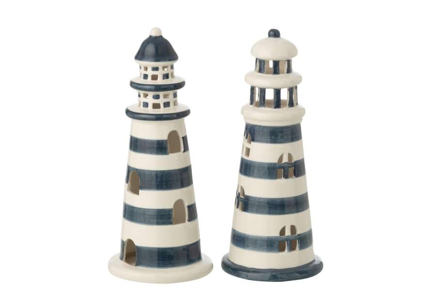 LIGHTHOUSE LED STRIPED PORCELAIN WHITE/BLUE LARGE ASSORTMENT OF 2