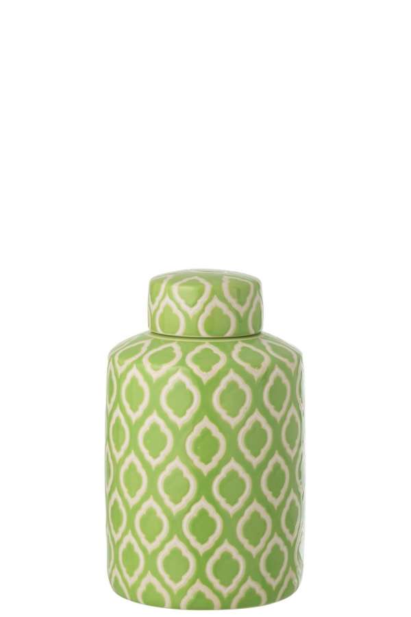 JAR DECORATIVE CHECKERED PORCELAIN GREEN/WHITE LARGE
