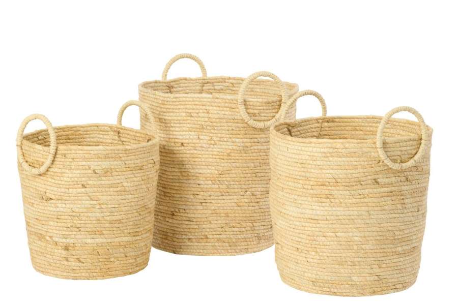 SET OF 3 BASKET WITH HANDLE ROUND MAIZE NATURAL
